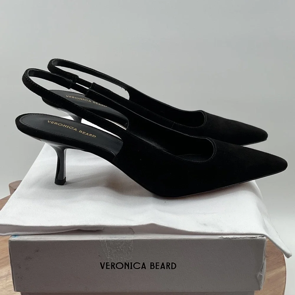 Veronica Beard Cashel Black Suede Pointed Toe Slingback Kitten Heel Pumps 8M - Picture 11 of 15